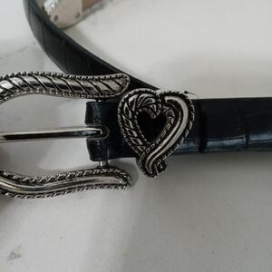 Black Faux Reptile Skin Genuine Leather Silver Embossed Hearts statement Belt
